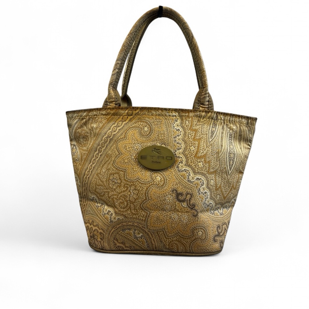 Etro Gold Tan Gray Paisley Vintage Profumi Paisley Mini Tote Zip Bag